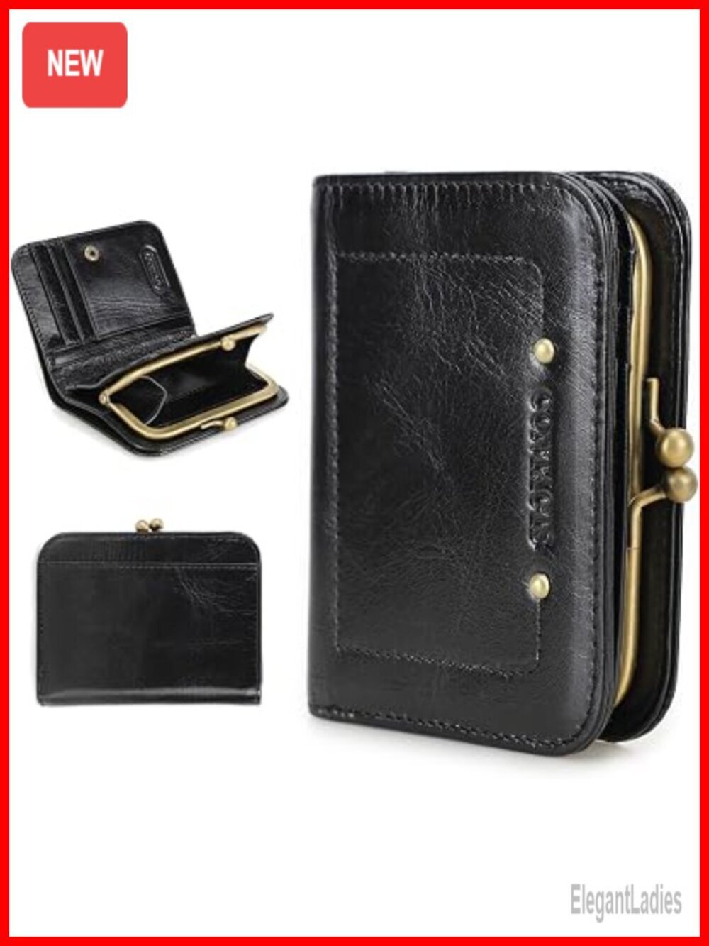 Women Full Grain Leather Kiss Lock Wallet RFID Slim Bifold Card Holder Coin